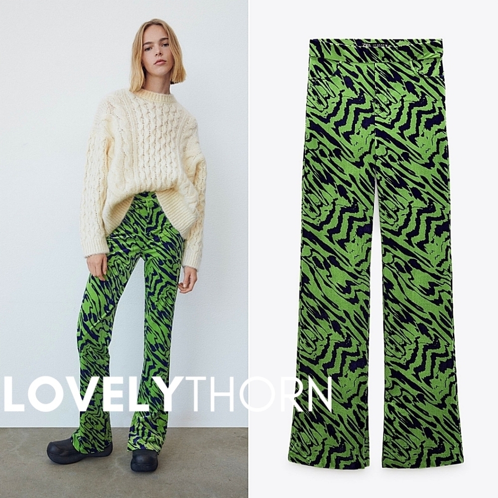 ZARA // retro-chic green blue velvet high waist straight slight flare pants